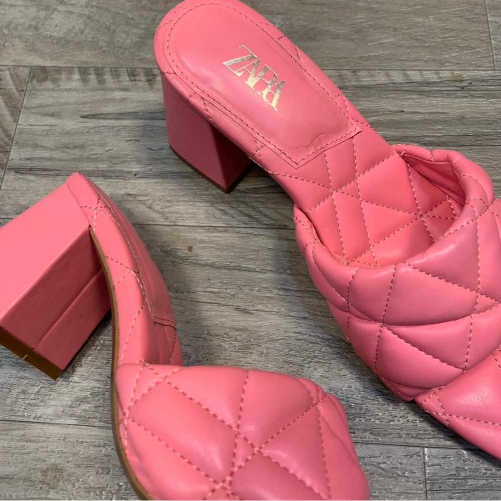 ZARA Quilted Vegan Leather Square Toe Block Heel Mules Shoes - Picture 6 of 11